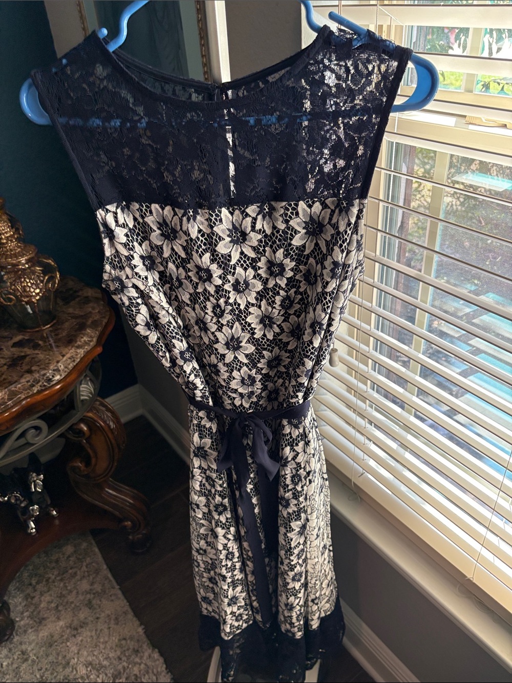 Lace Floral Fit & Flare Dress — Navy and White